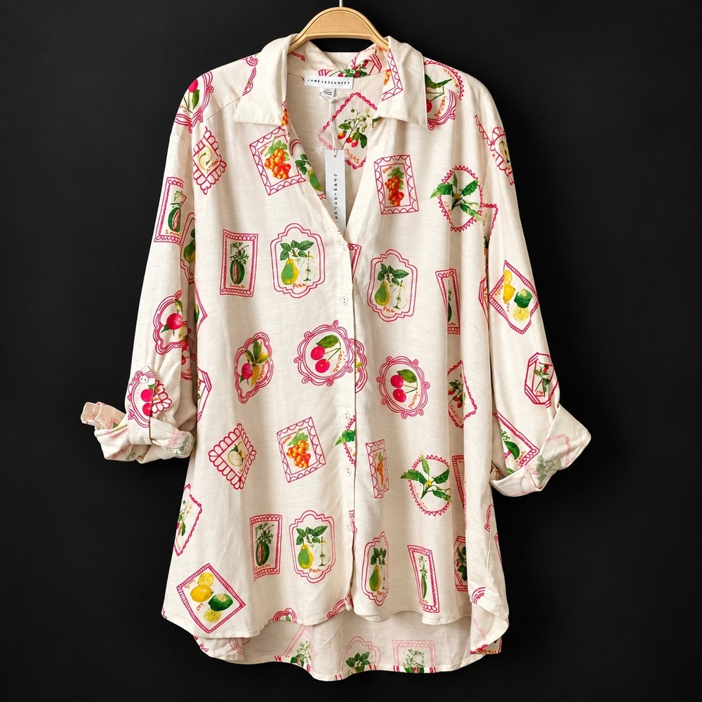 Jane + Delancey Linen Blend Fruit Print Button Shirt Women 2X Cream Pink Novelty